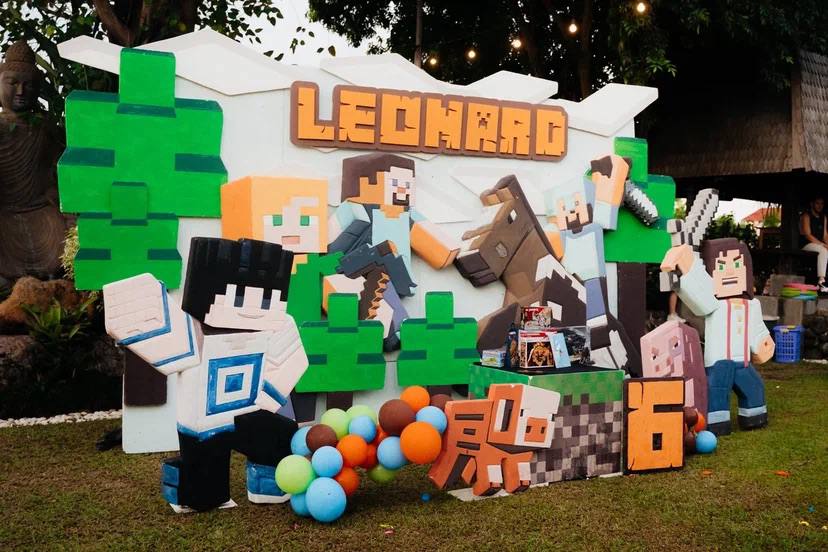 A Minecraft world we built by hand, then let them knock down — a kids birthday party in Bali